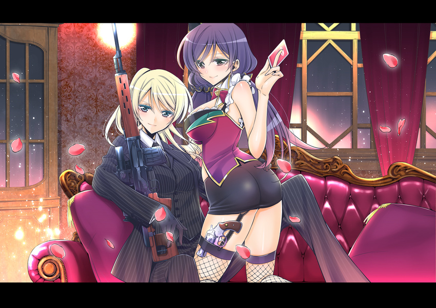 arched_back ass ayase_eli bangs belt black_gloves blonde_hair blue_eyes blush bow bowtie breasts card closed_mouth collared_shirt couch curtains dragunov_svd fishnet_legwear fishnets formal frills gloves glowing gradient_hair gun hair_ornament hair_scrunchie hand_on_another's_ass handgun holding holding_card indoors kneeling lamp large_breasts letterboxed long_hair long_sleeves looking_at_viewer love_live! love_live!_school_idol_project miniskirt multicolored_hair multiple_girls night night_sky pants pencil_skirt petals pillow ponytail purple_hair red_bow revolver rifle scope scrunchie shirt sitting skirt sky sleeveless smile sniper_rifle star_(sky) striped striped_pants striped_shirt striped_suit suit swept_bangs takano_saku tassel toujou_nozomi twintails weapon window yuri