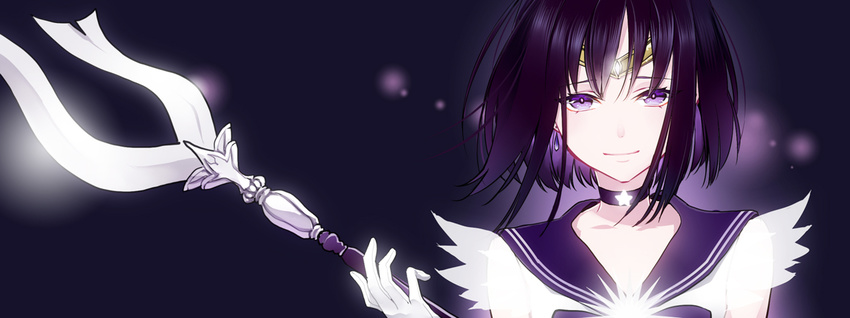 aoi_sakurako bishoujo_senshi_sailor_moon choker circlet earrings glaive gloves holding holding_spear holding_weapon jewelry polearm purple_eyes purple_hair purple_sailor_collar sailor_collar sailor_saturn sailor_senshi_uniform silence_glaive smile solo spear star star_choker tomoe_hotaru upper_body weapon white_gloves