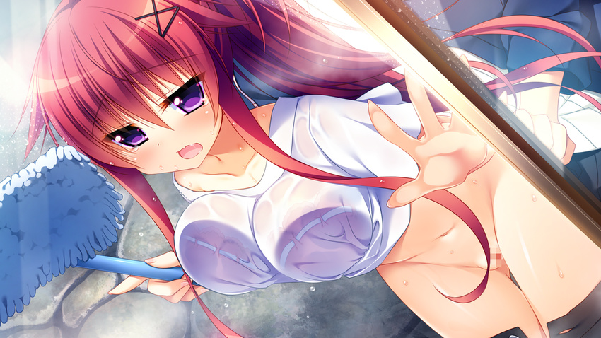 1girl against_glass bra breast_press breasts censored cleaning clothed_sex collarbone dutch_angle game_cg hetero long_hair mosaic_censoring multitasking nanaka_mai open_mouth pink_bra purple_eyes red_hair reppuuji_kanon ribbon-trimmed_bra see-through sex shirt skirt skirt_pull solo_focus sweat tears underwear very_long_hair wet wet_clothes wet_shirt yuki_koi_melt