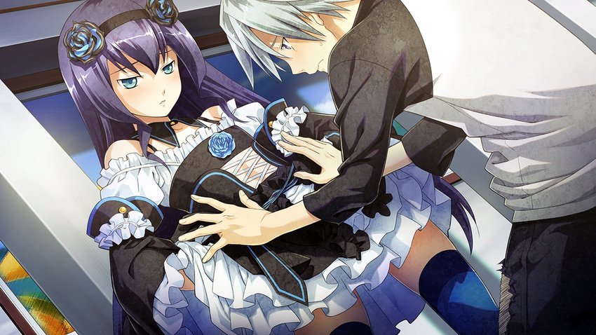 1girl bare_shoulders blue_eyes blue_flower blue_legwear blue_rose blush denim detached_collar disorder_6 dress dutch_angle flower frilled_dress frills game_cg hairband hands_on_hips hetero indoors jeans joe_(disorder_6) long_hair looking_at_another mariwo_(disorder_6) nagahama_megumi pants parted_lips purple_eyes purple_hair rose shirt silver_hair standing sweatdrop t-shirt thighhighs torn_clothes torn_jeans torn_pants