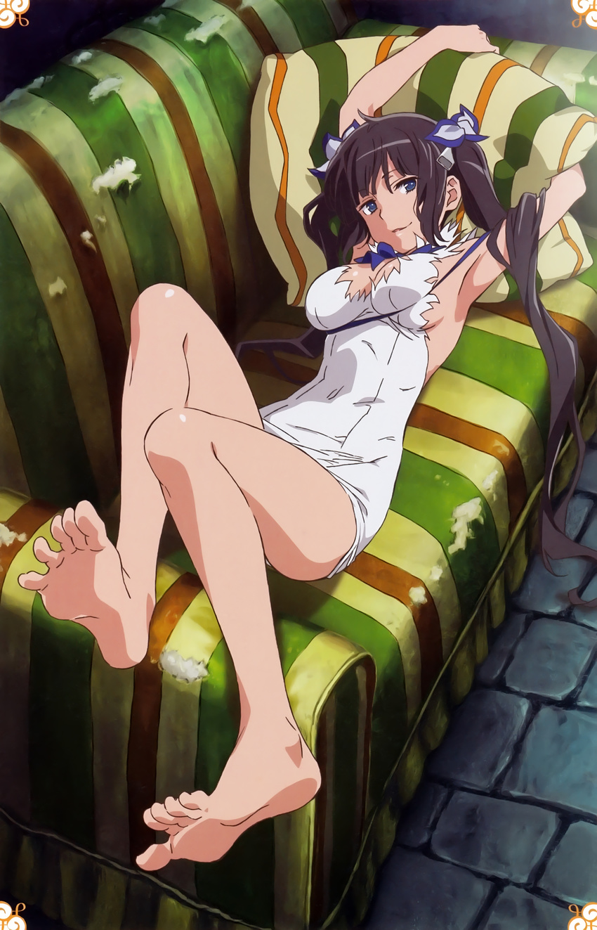 :d absurdres armpits arms_up bangs bare_shoulders barefoot bell black_hair blue_bow blue_eyes blue_ribbon bow bowtie breasts cleavage cleavage_cutout couch covered_navel damaged dress dungeon_ni_deai_wo_motomeru_no_wa_machigatteiru_darou_ka duplicate dutch_angle feet foreshortening from_above full_body hair_bell hair_ornament hair_over_shoulder hair_ribbon hestia_(danmachi) highres hiyamizu_yukie indoors knees_up legs long_hair looking_at_viewer lying naughty_face no_bra official_art on_back open_mouth parted_lips pillow pillow_hug pov_feet rei_no_himo ribbon scan short_dress sideboob skindentation sleeveless sleeveless_dress smile soles solo spread_toes stone_floor striped toes twintails vertical_stripes very_long_hair white_dress