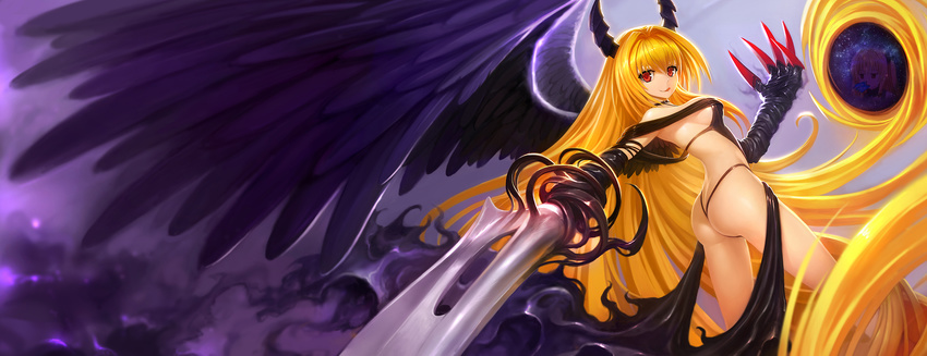 :q absurdly_long_hair arched_back ass bangs black_panties blonde_hair choker claw_(weapon) closed_mouth dual_wielding feathered_wings frills highleg highleg_panties highres holding horns konjiki_no_yami long_hair looking_at_viewer off_shoulder panties purple_wings red_eyes revealing_clothes smile smoke solo space sword to_love-ru tongue tongue_out underwear very_long_hair weapon wings zhuore_zhi_hen