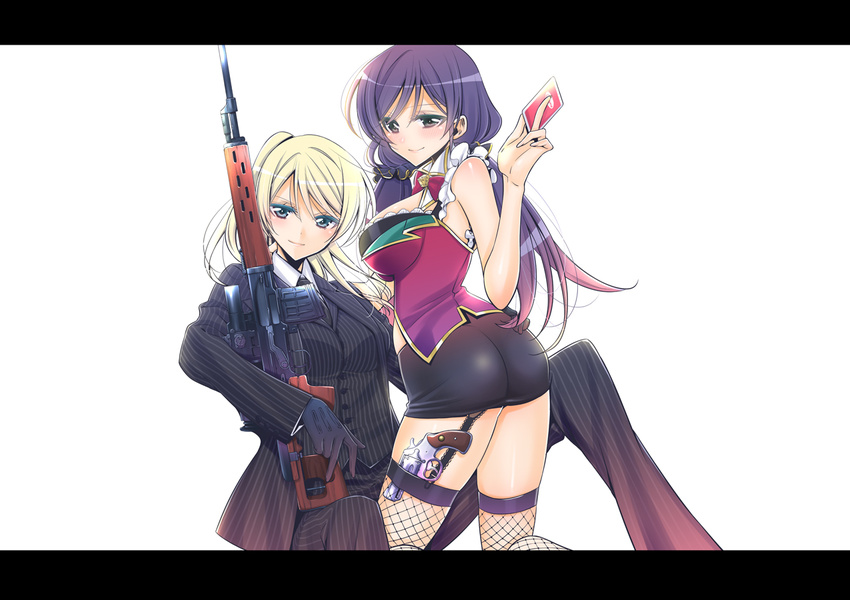 arched_back ass ayase_eli bangs belt black_gloves blonde_hair blue_eyes blush bow bowtie breasts card closed_mouth collared_shirt fishnet_legwear fishnets formal frills gloves gradient_hair gun hair_ornament hair_scrunchie holding holding_card kneeling large_breasts letterboxed long_hair long_sleeves looking_at_viewer love_live! love_live!_school_idol_project miniskirt multicolored_hair multiple_girls pants pencil_skirt petals ponytail purple_hair red_bow rifle scrunchie shirt simple_background sitting skirt sleeveless smile striped striped_pants striped_shirt striped_suit suit swept_bangs takano_saku toujou_nozomi twintails weapon white_background yuri