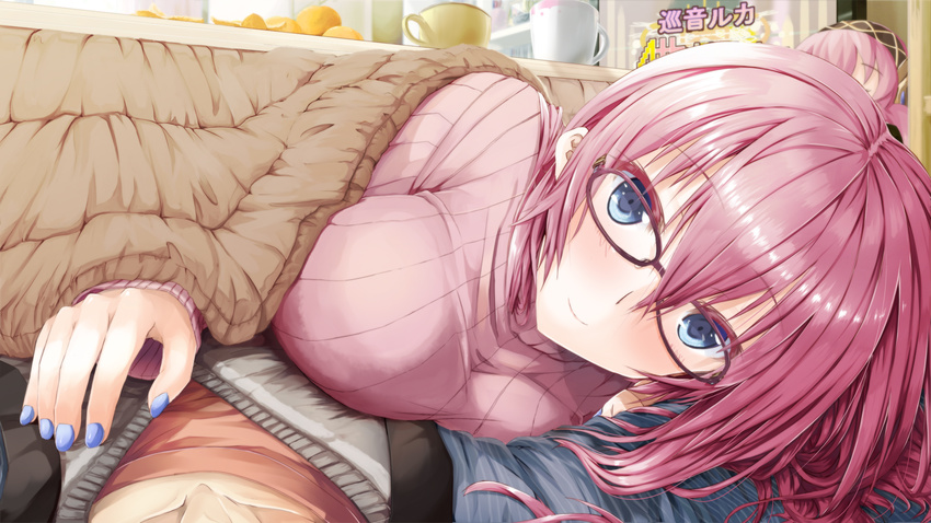 1girl bangs blanket blue_eyes blue_nails breasts character_name cleavage close-up closed_mouth collarbone cup daidou_(demitasse) food fruit girl_on_top glasses hetero highres indoors kotatsu large_breasts long_hair looking_at_viewer mandarin_orange megurine_luka mug nail_polish open_mouth out_of_frame pov purple_hair ribbed_sweater shelf sleeping smile solo_focus sweater table takoluka television under_covers under_kotatsu under_table vocaloid