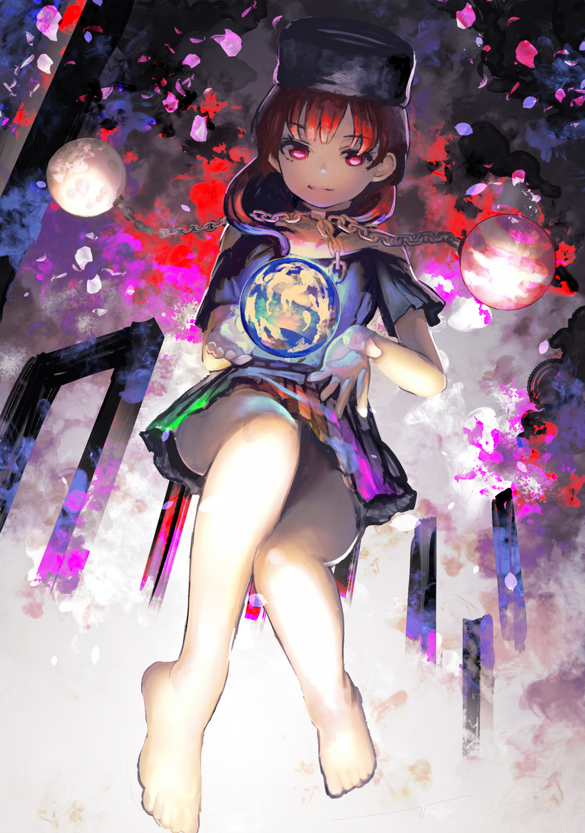 absurdres bare_legs barefoot black_shirt chain collar earth_(ornament) floating glowing gold_chain hat hecatia_lapislazuli highres legs long_hair moon_(ornament) multicolored multicolored_clothes multicolored_skirt off-shoulder_shirt open_hands organ_derwald perspective petals polos_crown red_eyes red_hair reflective_eyes shirt short_sleeves skirt smile solo touhou