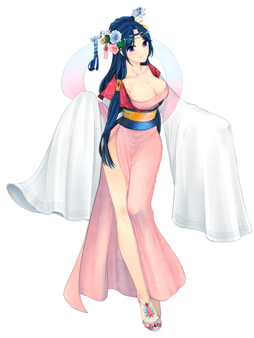 blue_eyes blue_hair breasts chinese_clothes cleavage flower full_body hagoromo hair_flower hair_ornament hanfu headdress highres keomi_syeon large_breasts long_hair magi_the_labyrinth_of_magic ren_hakuei robe shawl smile solo transparent_background very_long_hair