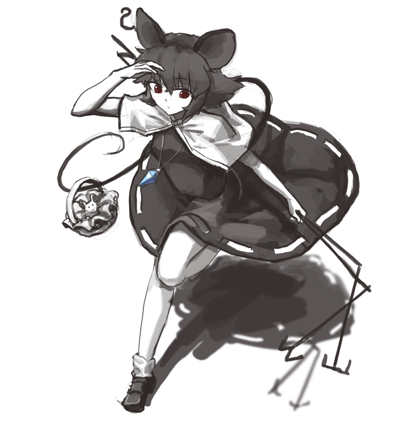 animal_ears bad_id bad_pixiv_id basket breasts capelet diamond dowsing_rod dress full_body hijiwryyyyy jewelry locks looking_down looking_to_the_side monochrome mouse mouse_ears mouse_tail nazrin pendant red_eyes running shading_eyes shadow shoes short_hair simple_background small_breasts socks solo spot_color tail touhou white_background