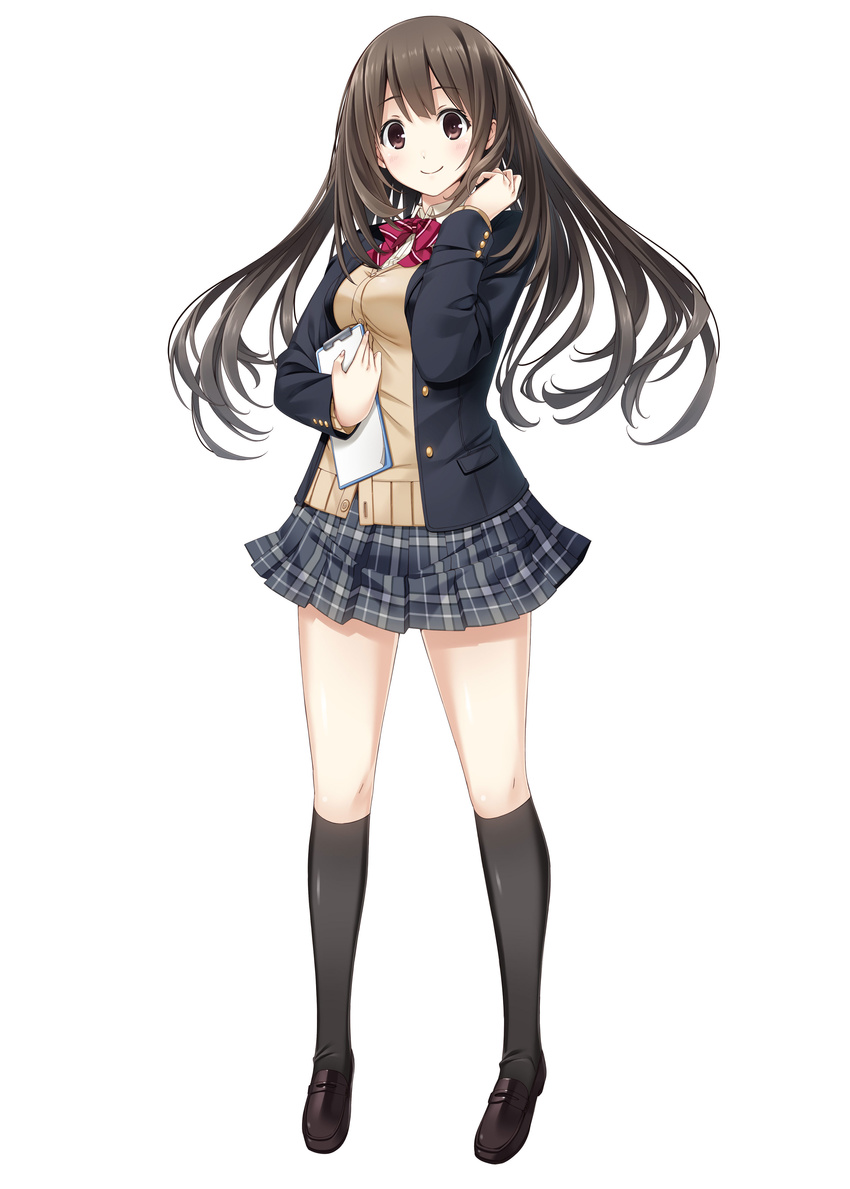 absurdres black_legwear blazer brown_eyes brown_hair cardigan floating full_body highres holding jacket kissbell kneehighs loafers long_hair long_sleeves mikoto_akemi notepad official_art open_blazer open_clothes open_jacket plaid plaid_skirt pleated_skirt shoes simple_background skirt smile solo takahata_chiharu thighhighs