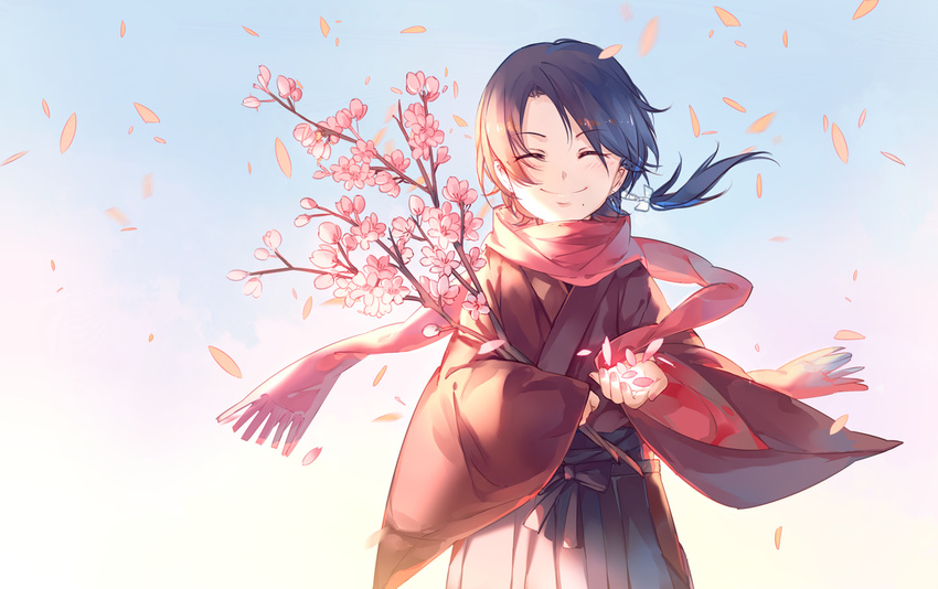 ^_^ brown_hair cherry_blossoms closed_eyes flower hakama instocklee japanese_clothes kashuu_kiyomitsu long_hair male_focus md5_mismatch mole mole_under_mouth petals ponytail red_scarf scarf smile solo touken_ranbu younger