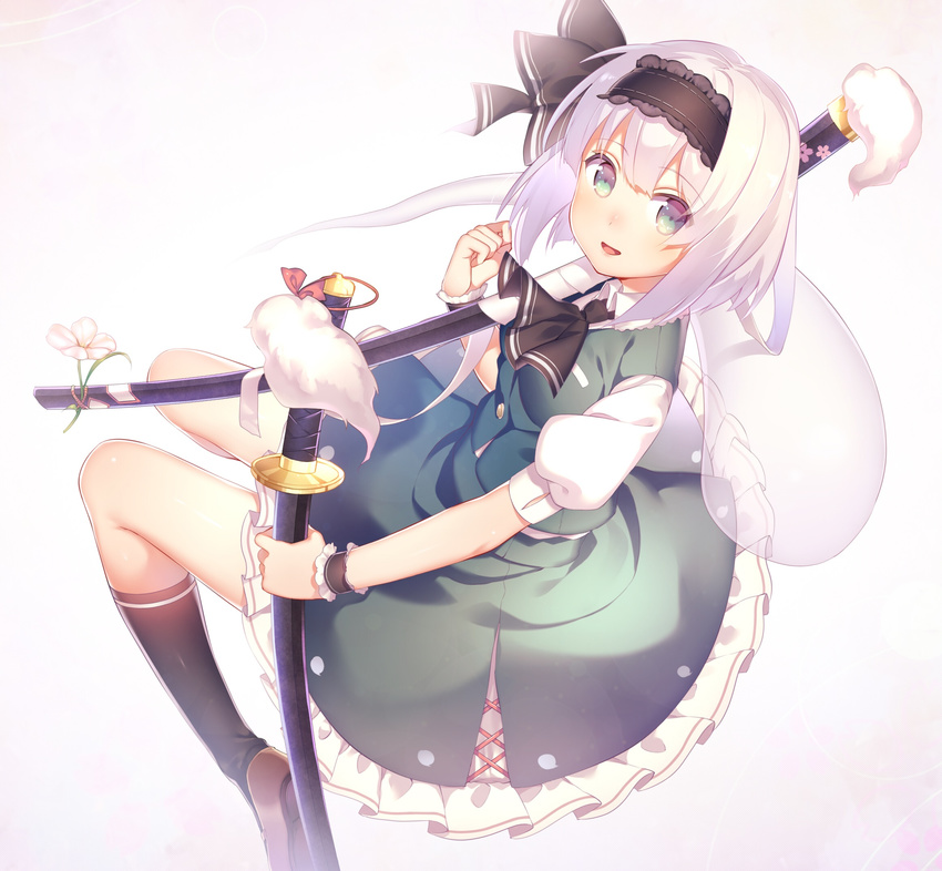 aqua_eyes ascot flower hair_ribbon highres katana konpaku_youmu konpaku_youmu_(ghost) looking_at_viewer niwashi_(yuyu) open_mouth puffy_short_sleeves puffy_sleeves ribbon shirt short_hair short_sleeves silver_hair skirt skirt_set smile solo sword touhou vest weapon wrist_cuffs