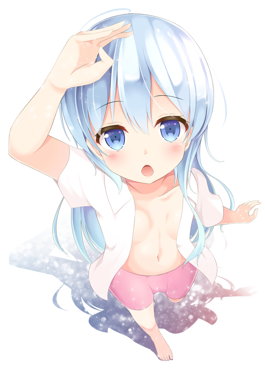 :o aibumi arm_up bad_id bad_pixiv_id barefoot bike_shorts blue_eyes blue_hair flat_chest foreshortening from_above full_body highres long_hair looking_up navel open_clothes open_mouth open_shirt original shadow shirt shorts simple_background solo white_background