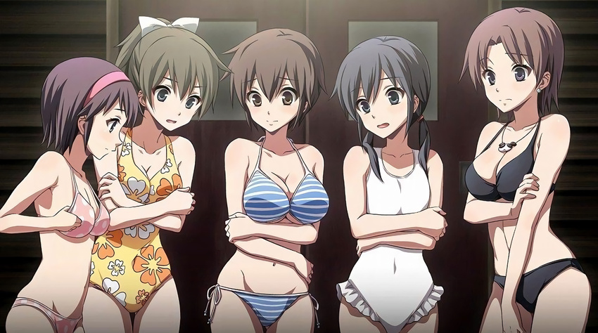 bikini black_bikini breasts brown_eyes brown_hair casual_one-piece_swimsuit cleavage corpse_party earrings hair_ornament hair_ribbon hairband jewelry kirisaki_touko large_breasts medium_breasts mochida_yuka multiple_girls nakashima_naomi navel necklace one-piece_swimsuit open_mouth oversized_clothes ribbon shinozaki_ayumi shishido_yui short_hair short_twintails side-tie_bikini small_breasts striped striped_bikini swimsuit twintails underboob white_ribbon