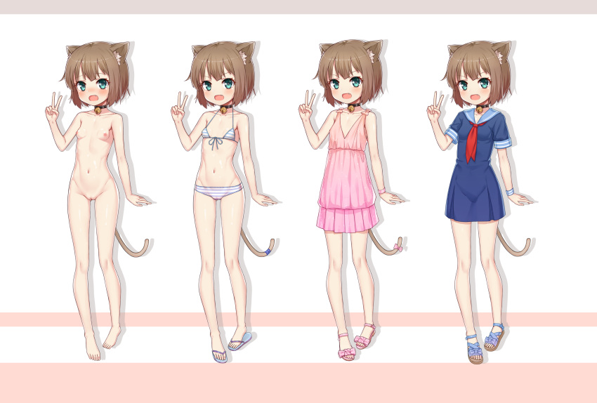 animal_ears barefoot bell bell_choker bikini blush breasts brown_hair cat_ears cat_girl cat_tail choker dress embarrassed fang feet female full_body green_eyes lineup looking_at_viewer multiple_persona navel nipples nude open_mouth original pussy school_uniform shadow short_hair small_breasts standing swimsuit tail taku_michi toes uncensored v
