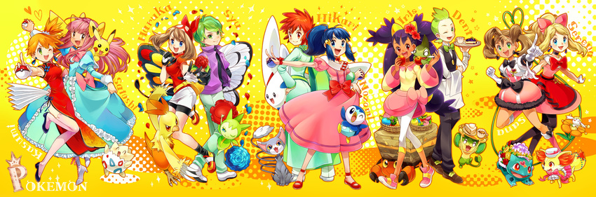 6+girls alternate_costume apple axew beautifly blue_dress blue_eyes blue_hair bow bulbasaur butterfree china_dress chinese_clothes combusken crossdressing crustle dent_(pokemon) dress fan fennekin flabebe food fruit gen_1_pokemon gen_2_pokemon gen_3_pokemon gen_4_pokemon gen_5_pokemon gen_6_pokemon glameow gloves green_eyes green_hair hair_bow harisen haruka_(pokemon) highres hikari_(pokemon) holding holding_poke_ball iris_(pokemon) kasumi_(pokemon) long_hair multiple_boys multiple_girls nozomi_(pokemon) open_mouth orange_hair otoko_no_ko pansage pantyhose petals pikachu pink_dress pink_hair piplup poke_ball poke_ball_(generic) pokemon pokemon_(anime) pokemon_(classic_anime) pokemon_(creature) pokemon_ag pokemon_bw_(anime) pokemon_dp_(anime) pokemon_xy_(anime) ponytail purple_hair red_dress red_eyes rose_petals roselia sana_(pokemon) sasairebun satomi_(pokemon) satoshi_(pokemon) serena_(pokemon) short_hair shuu_(pokemon) smile togekiss togepi