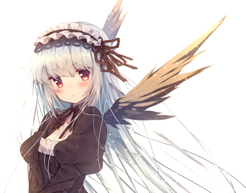 bangs black_dress black_ribbon blunt_bangs blush dress feathered_wings hairband highres juliet_sleeves lolita_fashion long_hair long_sleeves looking_at_viewer maid_headdress puffy_sleeves red_eyes ribbon rozen_maiden silver_hair simple_background solo suigintou upper_body usamata v_arms white_background wings