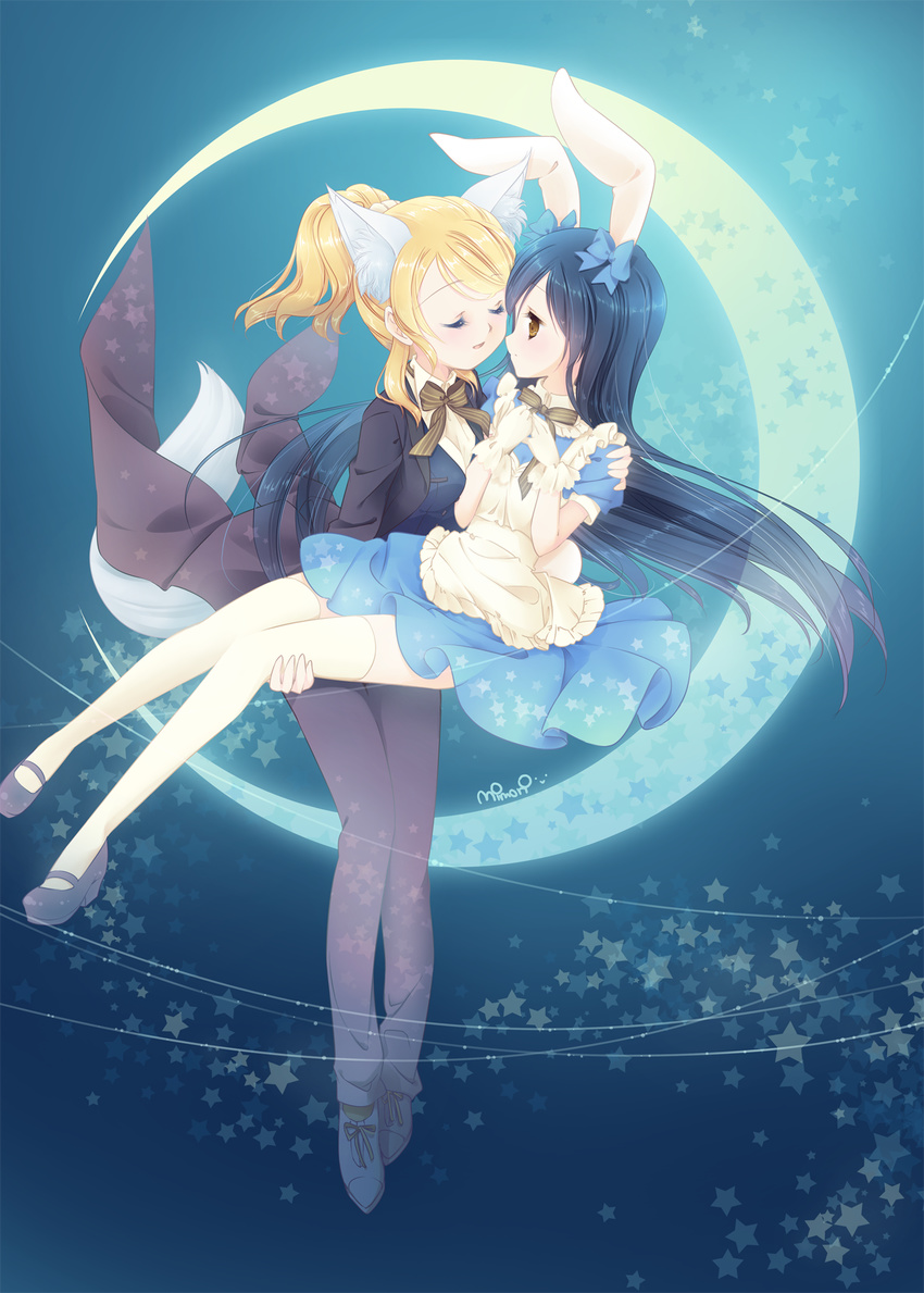 animal_ears ayase_eli bangs blonde_hair blue_hair bow bunny_ears cat_ears closed_eyes extra_ears hair_ribbon hand_on_shoulder highres long_hair long_legs looking_at_another love_live! love_live!_school_idol_project maid mimori_(cotton_heart) moon multiple_girls night night_sky ponytail ribbon sky smile sonoda_umi star tail thighhighs white_legwear yuri