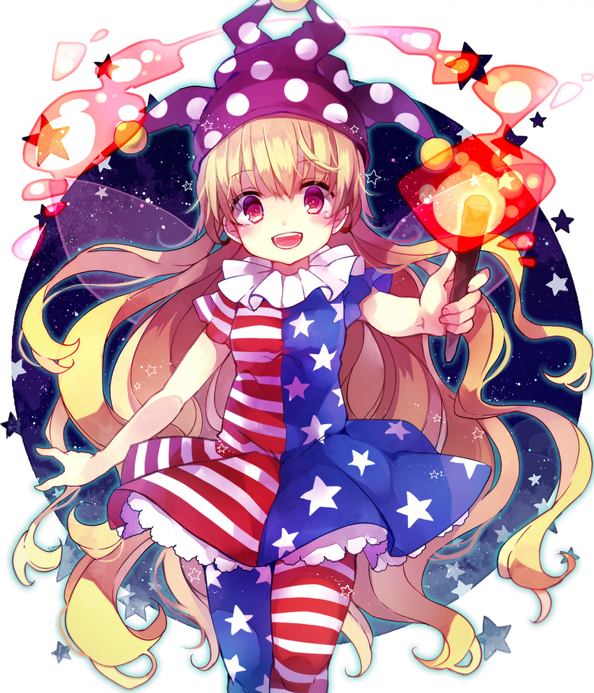 :d aiming_at_viewer american_flag_dress american_flag_legwear bangs blonde_hair blush clownpiece cowboy_shot dress fairy_wings hat head_tilt highres holding holding_weapon jester_cap long_hair looking_at_viewer magic neck_ruff open_mouth pantyhose purple_eyes short_sleeves smile solo space star star_print striped striped_dress striped_legwear suzuna_(mark_of_luck) teeth torch touhou very_long_hair wand weapon wings