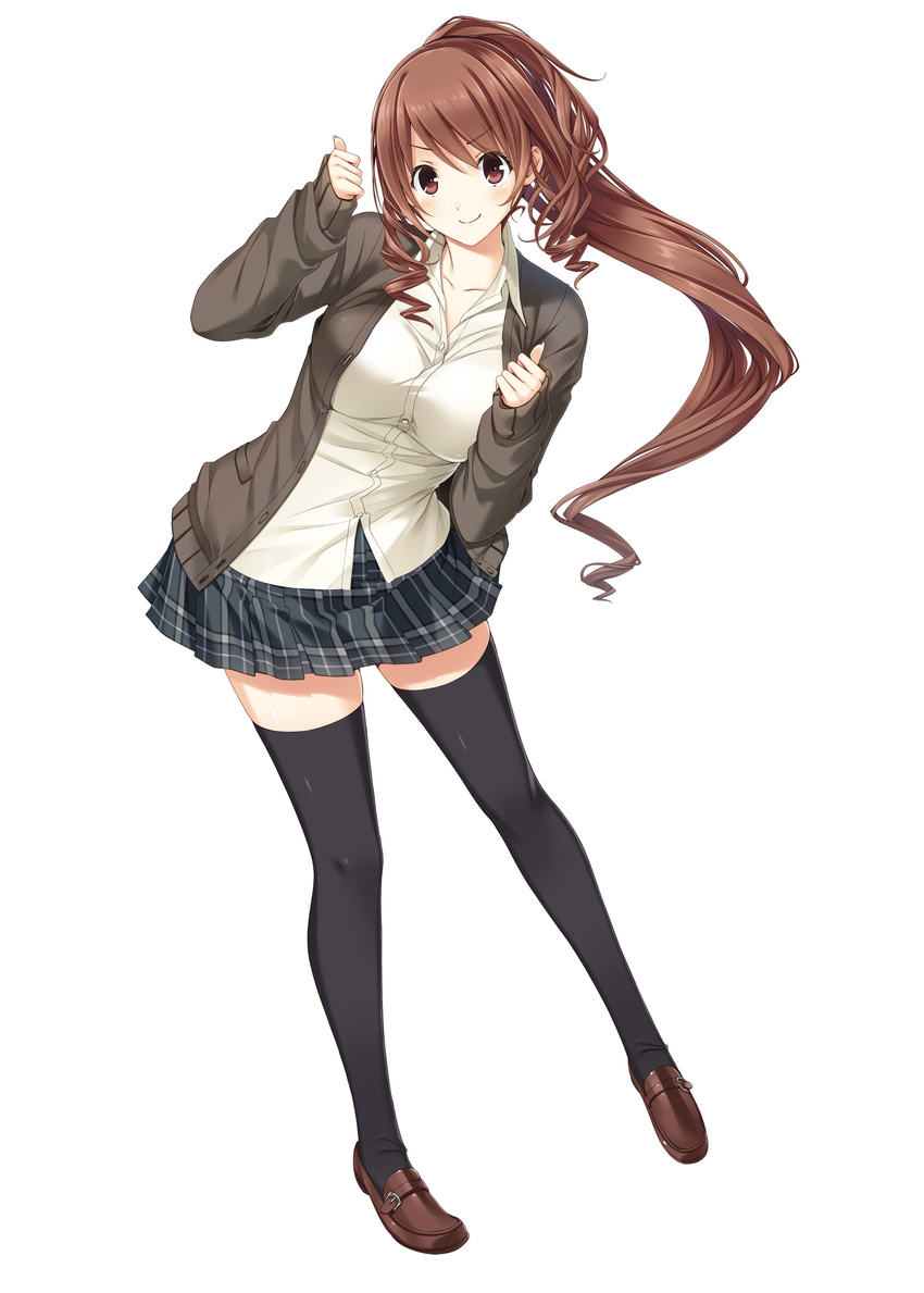 &gt;:) absurdres black_legwear brown_eyes brown_hair cardigan double_thumbs_up dress_shirt full_body high_ponytail highres jacket kajiya_ayano kissbell loafers long_hair long_sleeves mikoto_akemi official_art open_cardigan open_clothes open_jacket plaid plaid_skirt pleated_skirt shirt shoes simple_background skirt sleeves_past_wrists smile solo thighhighs thumbs_up v-shaped_eyebrows white_background