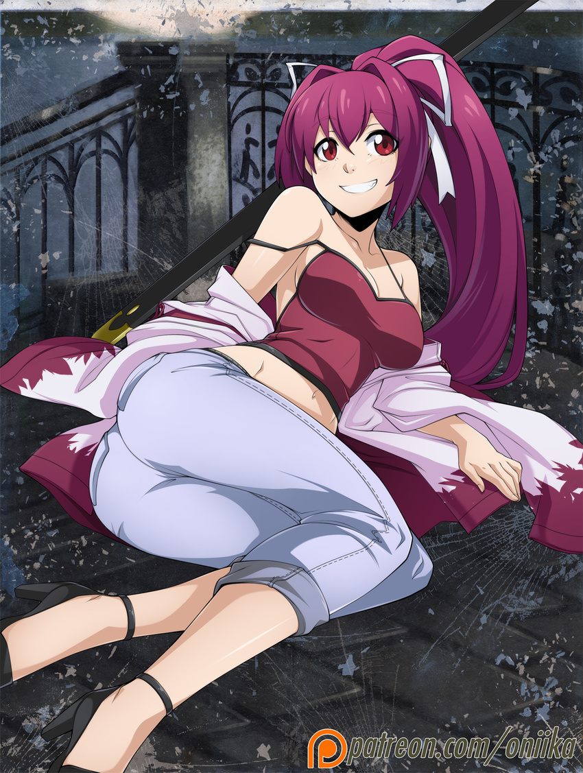 ass bare_shoulders breasts camisole cleavage denim grin hair_intakes hair_ribbon high_heels highres jeans long_hair lying medium_breasts midriff navel no_bra off_shoulder on_side ootachi pants pants_rolled_up patreon_logo patreon_username ponytail purple_hair red_eyes ribbon sandals scabbard sheath sideboob smile solo spaghetti_strap spike_wible strap_slip under_night_in-birth very_long_hair watermark web_address yuzuriha_(under_night_in-birth)