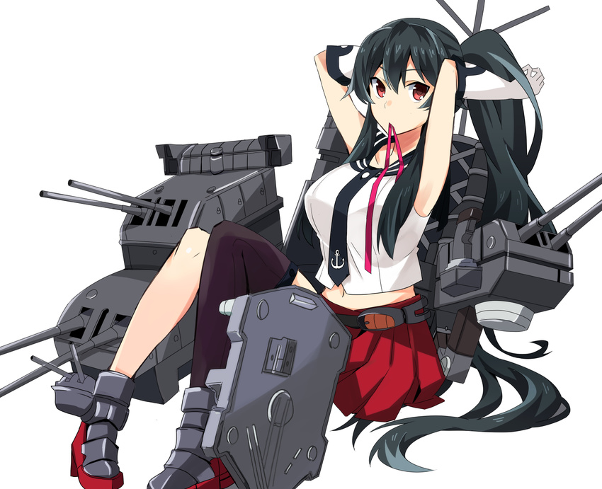 asymmetrical_legwear black_hair breasts exion_(neon) gloves highres kantai_collection large_breasts long_hair looking_at_viewer machinery midriff mouth_hold necktie pleated_skirt ponytail red_eyes red_skirt ribbon ribbon_in_mouth single_thighhigh skirt solo thighhighs very_long_hair white_gloves yahagi_(kantai_collection)