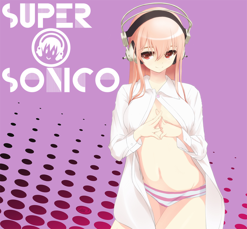blush breasts cleavage commentary_request headphones large_breasts long_hair looking_at_viewer mokkei navel nitroplus no_bra open_clothes open_shirt panties pink_hair red_eyes shirt smile solo super_sonico underwear