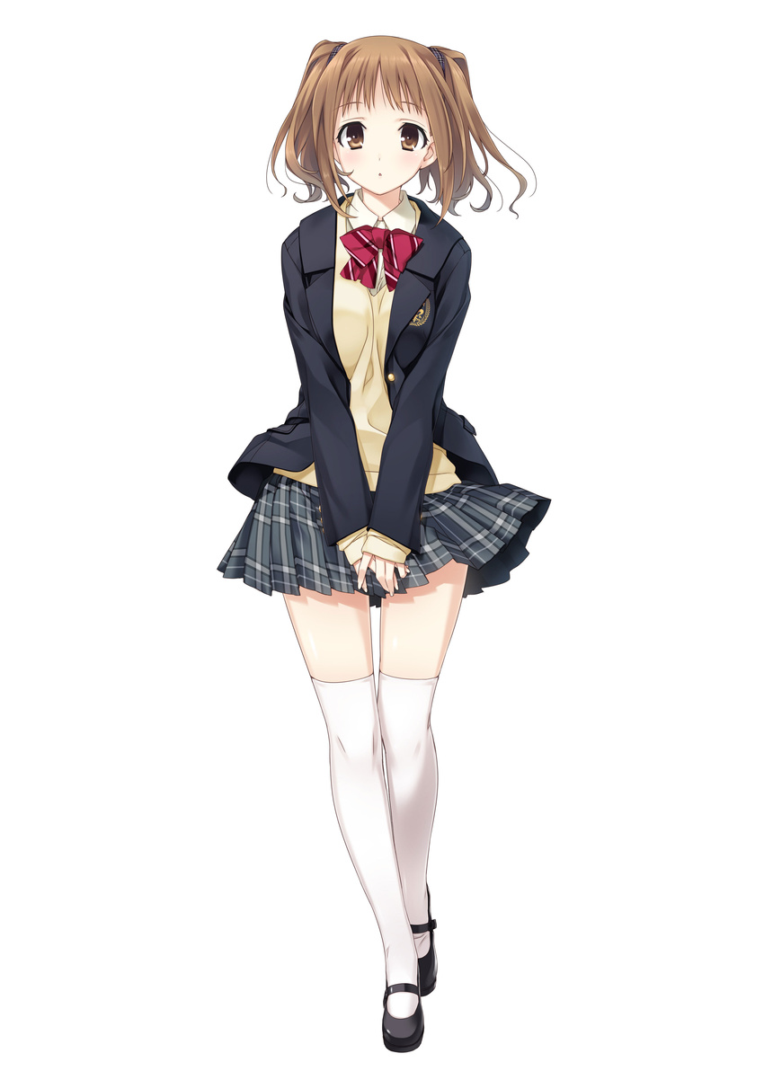 :o absurdres blazer brown_eyes brown_hair cardigan full_body highres jacket kissbell long_sleeves looking_at_viewer marui_(koedame) mary_janes nagatsuda_yumi official_art plaid plaid_skirt pleated_skirt school_uniform shoes short_hair simple_background skirt solo thighhighs two_side_up v_arms white_background white_legwear