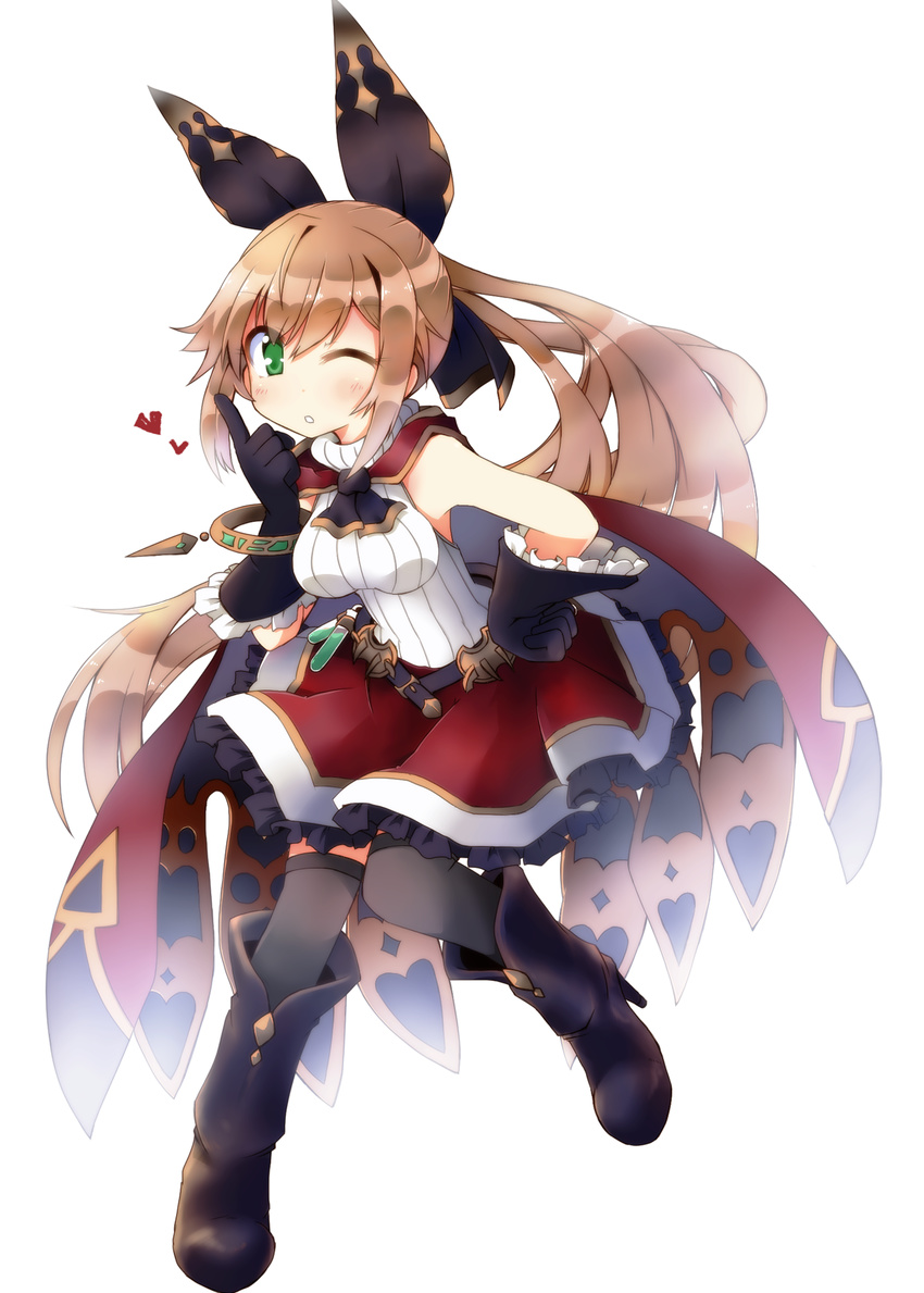 bangs belt black_bow black_footwear black_gloves boots bow brown_hair cape clarisse_(granblue_fantasy) flask frilled_skirt frills full_body gloves granblue_fantasy green_eyes hair_bow hair_ornament hand_on_hip heart high_heel_boots high_heels highres jewelry long_hair looking_at_viewer one_eye_closed ponytail ribbed_shirt shirt simple_background skirt sleeveless solo thighhighs turtleneck very_long_hair white_background yuuhi_alpha