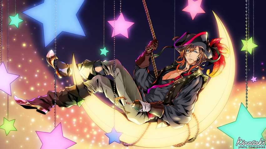 belt black_shirt blue_eyes boots brown_gloves brown_hair buckle crescent_moon crossed_legs earrings feathers gloves grey_pants hat hat_feather hook_hand jewelry jinguuji_ren knee_boots leaning_back leather leather_gloves long_hair long_sleeves male_focus moon nipples open_clothes open_shirt pants parted_lips pirate pirate_hat seklutz shirt single_glove sitting smile solo star text_focus uta_no_prince-sama