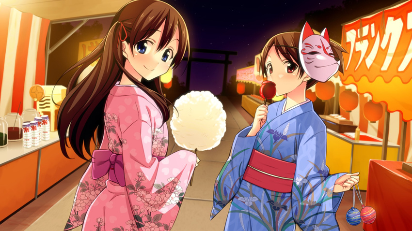 arch blue_eyes brown_hair candy_apple carrying cotton_candy cup drink festival food fox_mask from_behind from_side game_cg go!_go!_nippon!_2015 go!_go!_nippon!_~my_first_trip_to_japan~ highres holding japanese_clothes kimono long_hair long_sleeves mask misaki_akira misaki_makoto_(go!_go!_nippon!) multiple_girls night night_sky non-web_source official_art ponytail red_eyes short_hair short_ponytail sky stand star star_(sky) summer_festival torii twintails water_yoyo yukata
