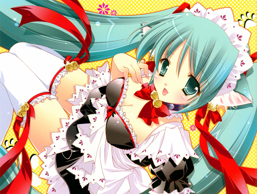 absurdres alternate_costume animal_ears aqua_eyes aqua_hair bell bell_collar bow bow_bra bra breasts cat_ears cat_tail cleavage collar enmaided frilled_legwear frills hair_bell hair_ornament hair_ribbon hatsune_miku highres jingle_bell kemonomimi_mode lace large_breasts lingerie long_hair maid maid_headdress paw_print ribbon shigunyan solo tail thigh_gap thighhighs twintails underwear very_long_hair vocaloid wallpaper white_legwear