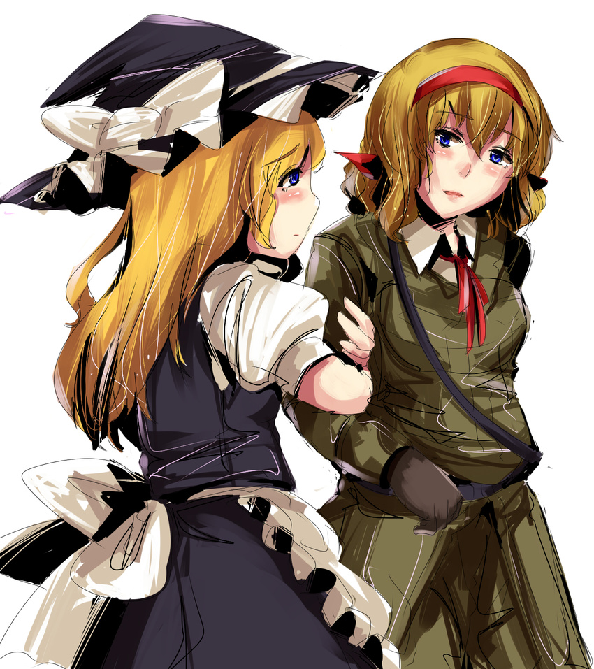 arm_holding axis_powers_hetalia belgium_(hetalia) blonde_hair crossover gloves hat highres kirisame_marisa long_hair military military_uniform multiple_girls short_hair touhou umakatsuhai uniform witch_hat