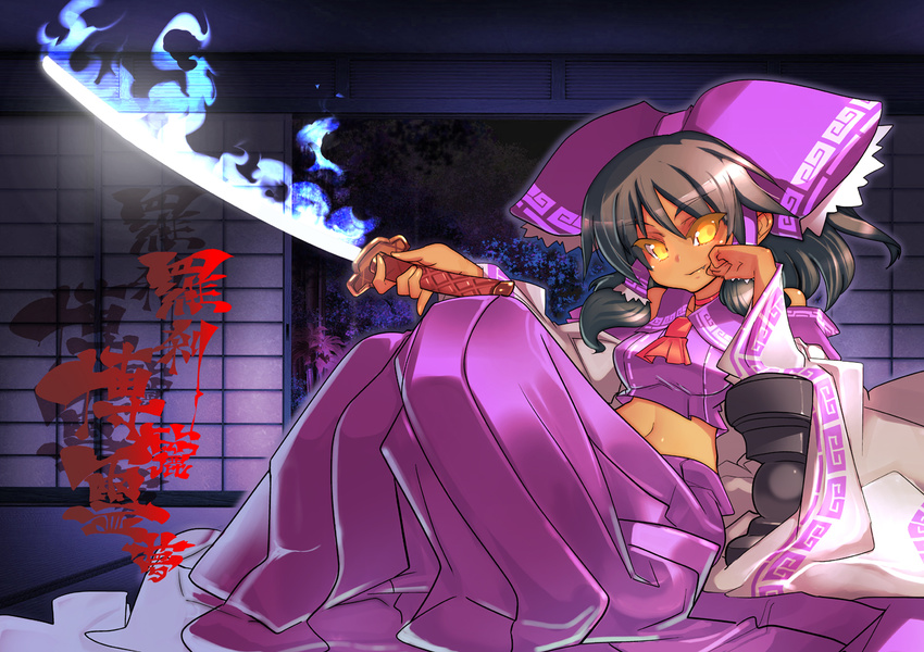 alternate_costume black_hair bow colored_eyelashes dark_skin detached_sleeves eyelashes flaming_sword fujishima-sei_ichi-gou hair_bow hakurei_reimu katana midriff orange_eyes short_hair solo sword touhou weapon