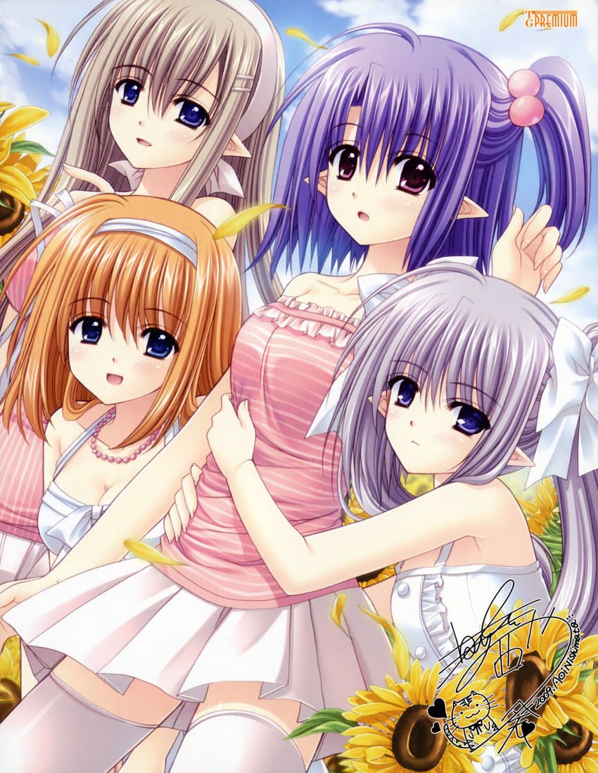 absurdres ahoge blue_eyes blush bow breasts cleavage daisy_(shuffle!) day flower fuyou_kaede grey_hair hair_bobbles hair_bow hair_ornament hair_ribbon hairband hairclip highres hug jewelry long_hair medium_breasts multiple_girls necklace nishimata_aoi official_art open_mouth orange_hair outdoors petals pointy_ears primula purple_eyes purple_hair ribbon ruri_matsuri shirt short_hair shuffle! shuffle!_essence+ side_ponytail silver_hair striped striped_shirt sunflower thighhighs twintails white_legwear zettai_ryouiki