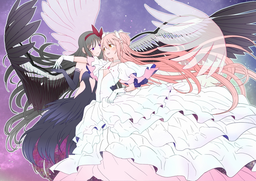 akemi_homura akuma_homura anniversary ayanero_taicho bare_shoulders black_dress black_gloves black_hair bow choker commentary dress elbow_gloves eye_contact feathered_wings gloves hair_bow kaname_madoka long_hair looking_at_another mahou_shoujo_madoka_magica mahou_shoujo_madoka_magica_movie multiple_girls pink_hair purple_eyes sky smile spoilers star_(sky) starry_sky two_side_up ultimate_madoka wings yellow_eyes yuri