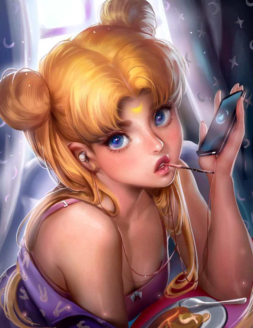 banned_artist bare_shoulders bishoujo_senshi_sailor_moon blanket blonde_hair blue_eyes breasts cleavage curtains digital_media_player double_bun earbuds earphones earrings facial_mark food food_in_mouth forehead_mark highres jewelry listening_to_music long_hair looking_at_viewer lying magical_girl on_stomach pocky princess_serenity realistic sailor_moon sakimichan small_breasts solo spoon tsukino_usagi twintails upper_body window