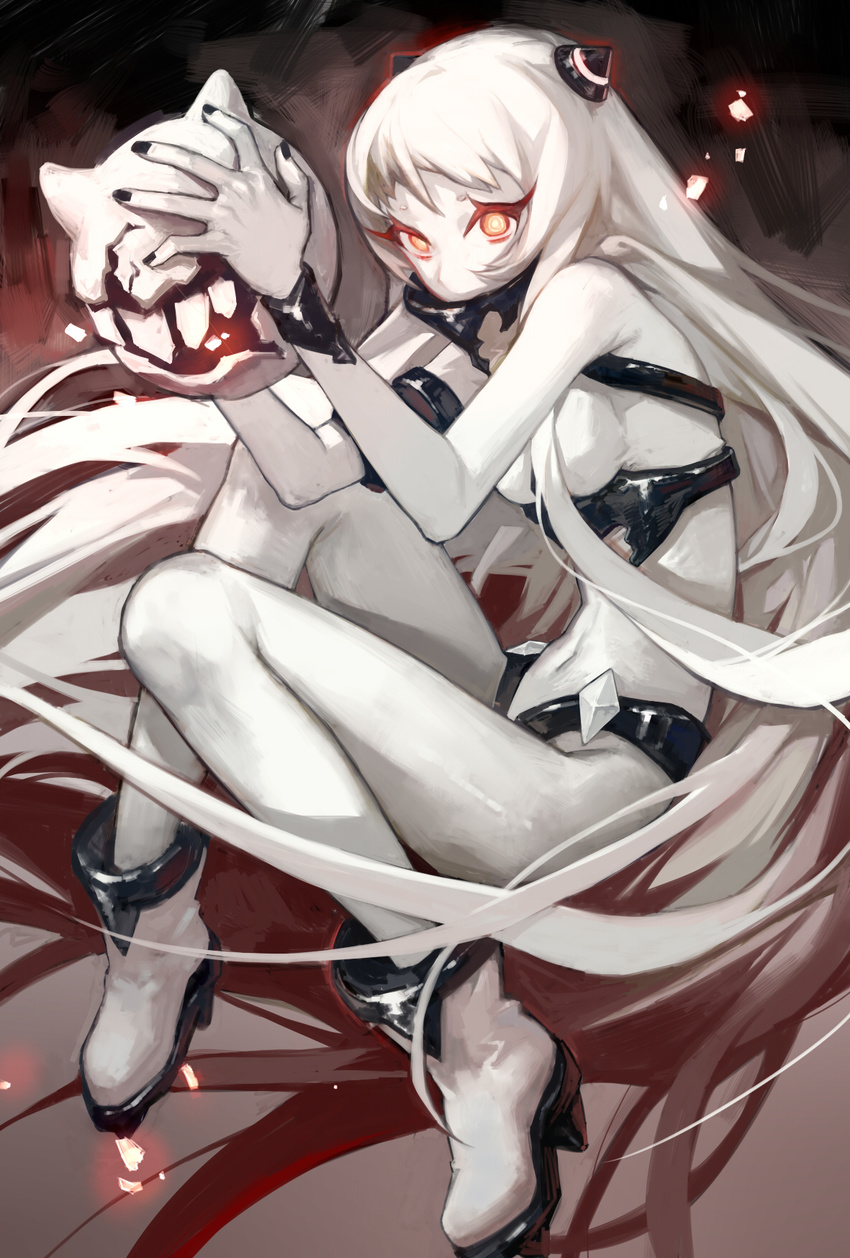 airfield_hime ankle_boots boots covered_navel erjiu floating_fortress_(kantai_collection) highres kantai_collection leotard long_hair looking_at_viewer orange_eyes shinkaisei-kan very_long_hair white_footwear white_hair white_skin