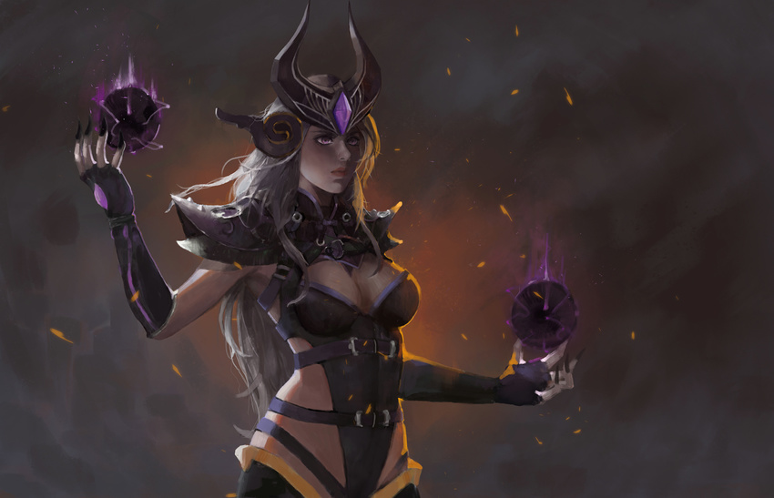 black_nails breasts cleavage fingernails headpiece highres league_of_legends long_hair medium_breasts nail_polish purple_eyes shevan shoulder_pads silver_hair solo syndra