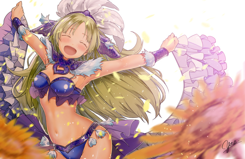 :d ^_^ breasts closed_eyes frills green_hair hair_ornament idolmaster idolmaster_million_live! long_hair medium_breasts navel open_mouth samba shimabara_elena smile solo yae_(mono110)