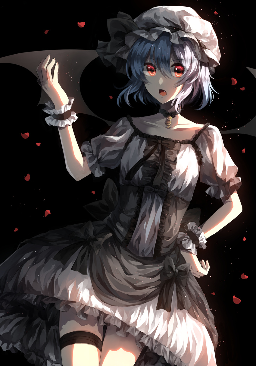 alternate_costume bat_wings black_background blue_hair choker dress dutch_angle fang fuuna_(conclusion) hand_on_hip hat hat_ribbon highres layered_dress legband light_particles looking_at_viewer mob_cap open_mouth petals puffy_sleeves red_eyes remilia_scarlet ribbon short_hair short_sleeves simple_background solo touhou wings wrist_cuffs