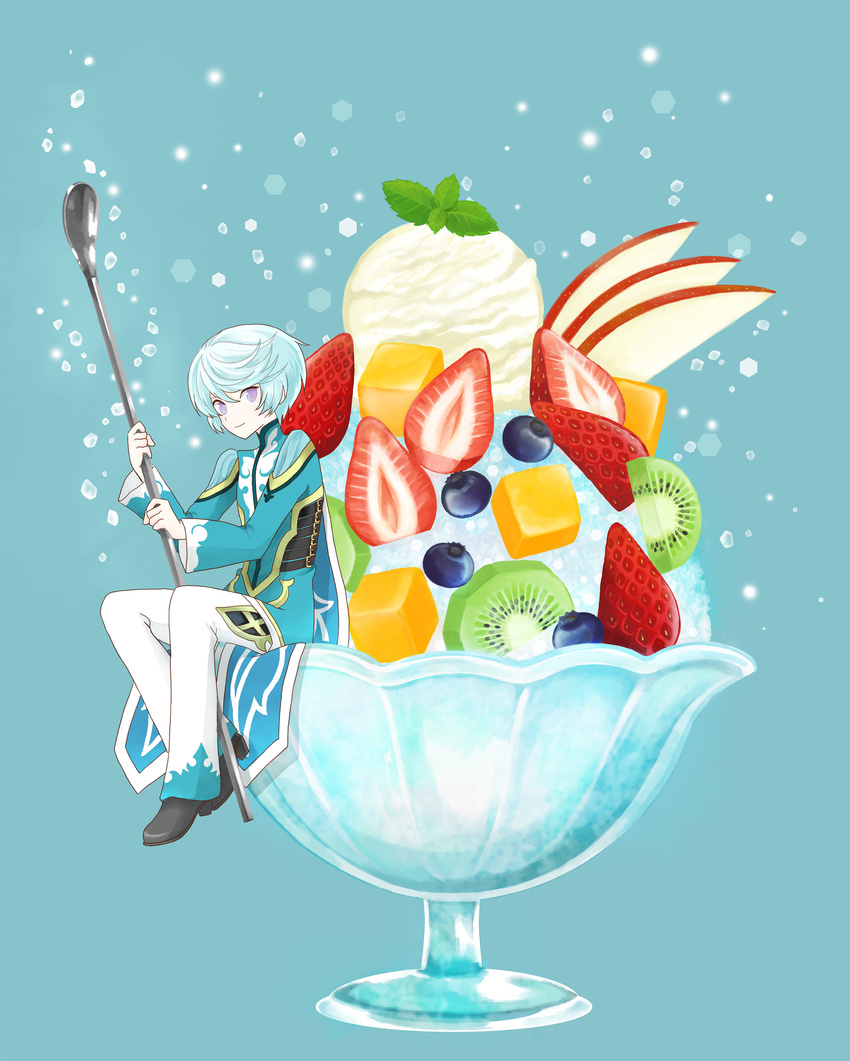 absurdres apple_slice aqua_jacket bangs black_footwear blue_background blue_hair blueberry boots bowl cape dessert food fruit gelatin haruyama_(255115) highres holding holding_spoon ice_cream in_food jacket kiwifruit long_sleeves looking_at_viewer male_focus mikleo_(tales) miniboy mint pants purple_eyes simple_background sitting smile solo spoon strawberry sugar_cube swept_bangs tales_of_(series) tales_of_zestiria white_pants
