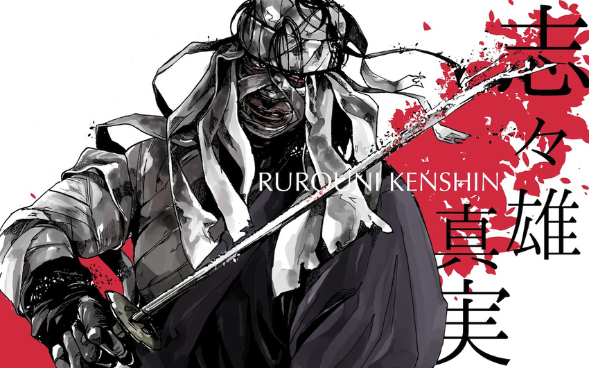 bandages black_hair character_name copyright_name japanese_clothes katana male_focus rurouni_kenshin shaapu shishio_makoto solo sword weapon