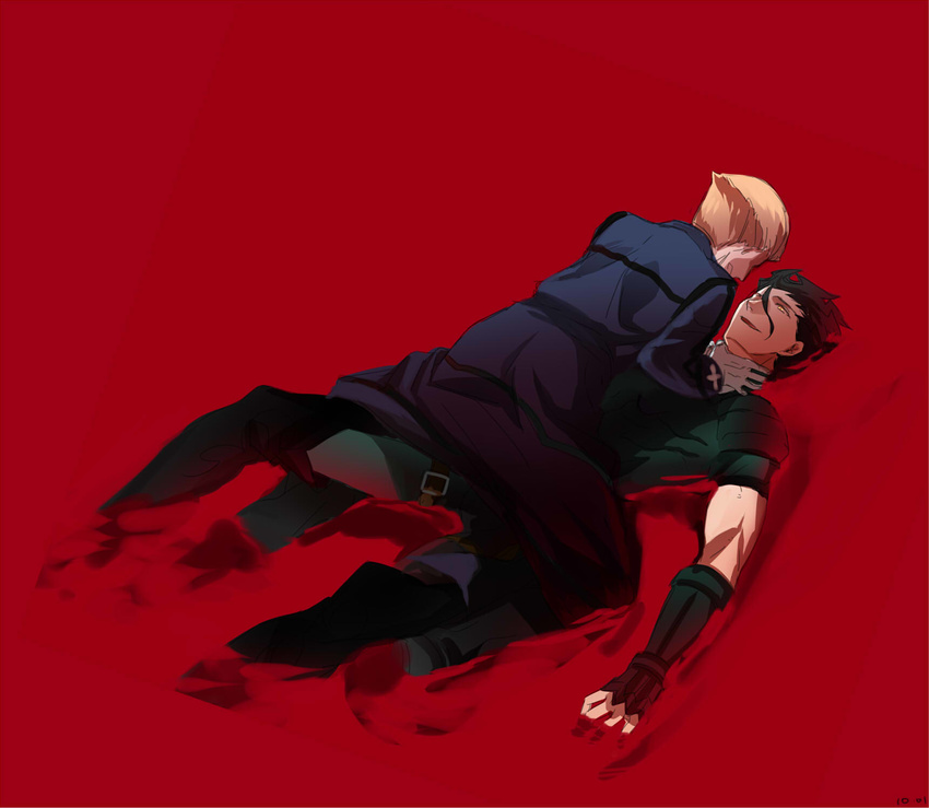 asphyxiation bad_id bad_pixiv_id black_hair blonde_hair blood fate/zero fate_(series) gloves highres kayneth_el-melloi_archibald lancer_(fate/zero) male_focus multiple_boys partially_submerged straddling strangling ycco_(estrella)