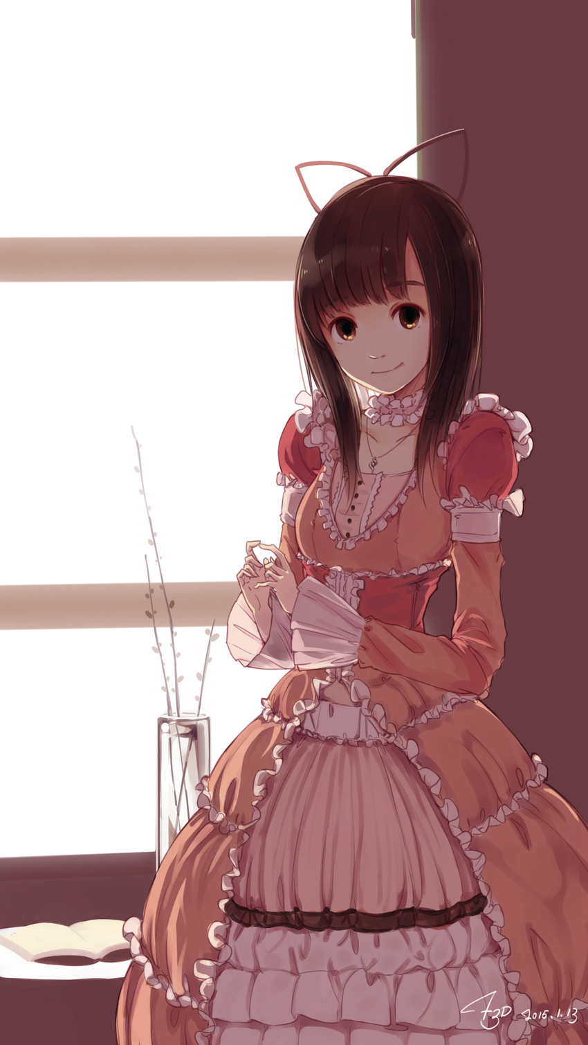 absurdres book brown_eyes brown_hair choker dated dress f3d frilled_dress frills highres jewelry lolita_fashion looking_at_viewer necklace open_book original smile solo