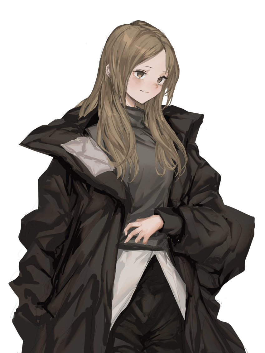 1girl absurdres black_coat black_pants brown_eyes closed_mouth cowboy_shot grey_sweater highres light_brown_hair lm7_(op-center) long_hair long_sleeves original pants simple_background smile solo standing sweater white_background