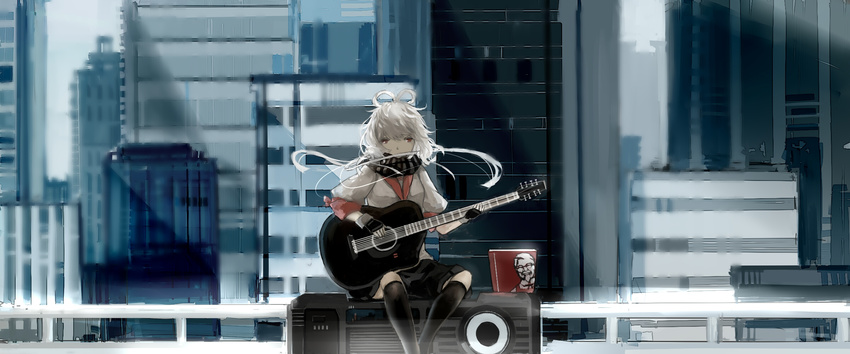 black_legwear black_skirt boombox city commentary_request covered_mouth grey_hair guitar highres instrument kfc kneehighs looking_at_viewer luo_tianyi music playing_instrument railing red_eyes scarf short_sleeves sitting skirt solo vocaloid vocanese wind yi_yu