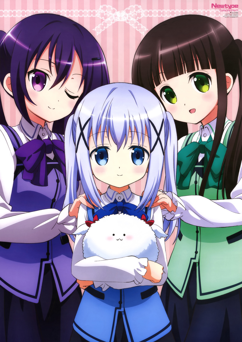 :d ;) absurdres alternate_costume blue_eyes blush brown_hair girl_sandwich gochuumon_wa_usagi_desu_ka? green_eyes hair_ornament hairclip hand_on_another's_shoulder highres kafuu_chino long_hair matching_outfit mori_satoshi multiple_girls newtype official_art one_eye_closed open_mouth purple_eyes purple_hair rabbit_house_uniform sandwiched smile tedeza_rize tippy_(gochiusa) ujimatsu_chiya x_hair_ornament