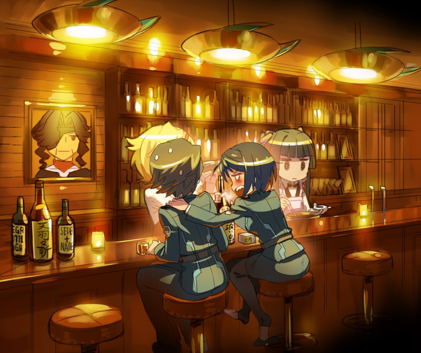 3girls akatsuki_kirika alcohol apron bar bartender belt belt_pouch black_hair blonde_hair bottle bow bowtie candle chair cooking cup drink drinking_glass drunk eyepatch food from_behind fujitaka_sakuya full_body glasses indoors ladle lamp light multiple_girls murakami_hisashi nastassja_sergeyevna_tolstaya photo_(object) pot pouch s.o.n.g._uniform senki_zesshou_symphogear sharp_teeth sitting teeth tomosato_aoi tsukuyomi_shirabe uniform