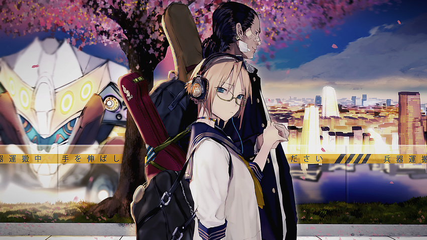 1girl bag bandaid bandaid_on_face banned_artist black_hair blonde_hair blue_eyes building caution_tape cherry_blossoms choker city commentary earrings frown glasses guitar_case hair_ornament hairlocs headphones holding_hands instrument_case jewelry kagamine_rin looking_at_viewer original outdoors petals school_uniform short_hair shoulder_bag sky smile tazuma_(u283) text_focus tree vocaloid
