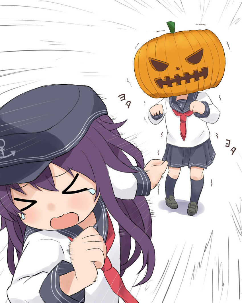 &gt;_&lt; akatsuki_(kantai_collection) anchor_symbol black_legwear black_skirt closed_eyes commentary_request flat_cap girly_running halloween hat highres inazuma_(kantai_collection) jack-o'-lantern kantai_collection kneehighs long_hair long_sleeves multiple_girls neckerchief okitsugu open_mouth pleated_skirt purple_hair red_neckwear running school_uniform serafuku skirt tears trembling wavy_mouth