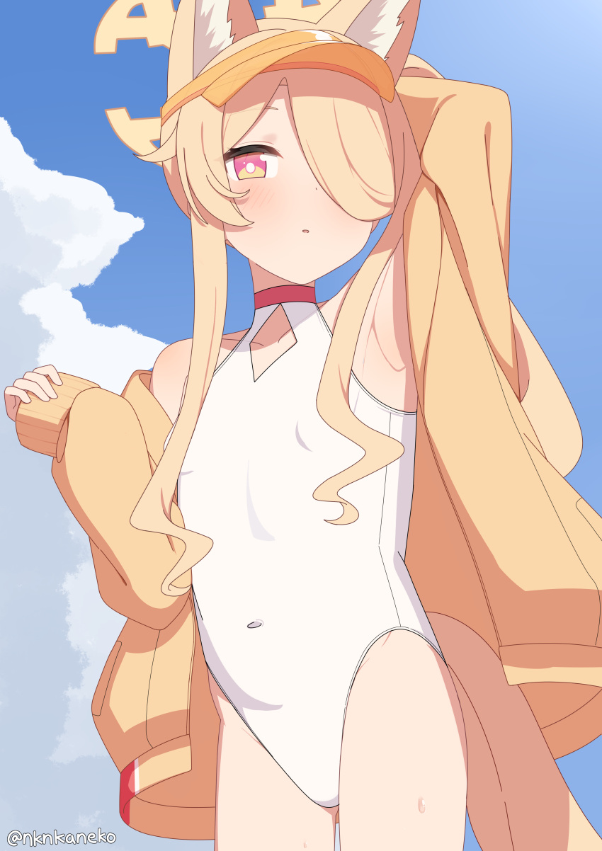 1girl absurdres animal_ear_fluff animal_ears arm_behind_head arm_up armpits bare_legs bare_shoulders blonde_hair blue_archive blue_sky blush bright_pupils choker clothing_cutout cloud cloudy_sky collarbone commentary covered_navel cowboy_shot cross_halo day diamond_cutout english_commentary flat_chest fox_ears fox_girl fox_tail hair_over_one_eye halo highleg highleg_one-piece_swimsuit highres jacket long_hair long_sleeves looking_at_viewer nknkaneko official_alternate_costume official_alternate_hairstyle one-piece_swimsuit outdoors parted_lips pink_eyes ponytail raised_eyebrows red_choker seia_(blue_archive) seia_(swimsuit)_(blue_archive) side_ponytail sky sleeves_past_wrists solo standing swimsuit tail thighs twitter_username visor_cap white_one-piece_swimsuit white_pupils yellow_halo yellow_jacket yellow_tail yellow_visor